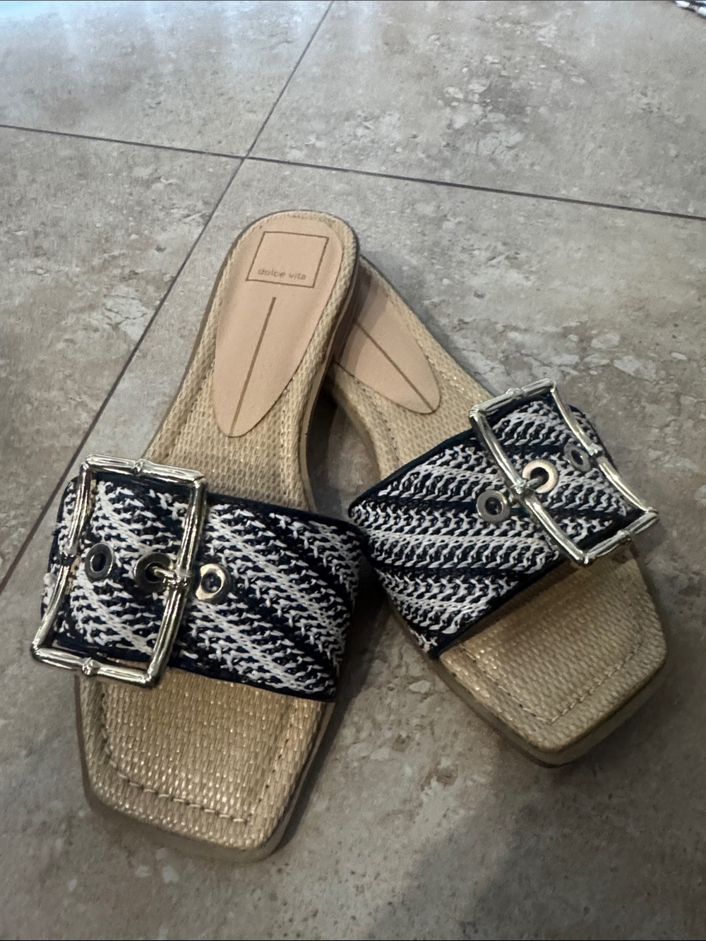 Dolce Vita Navy & White Buckled Woven Slide Mules